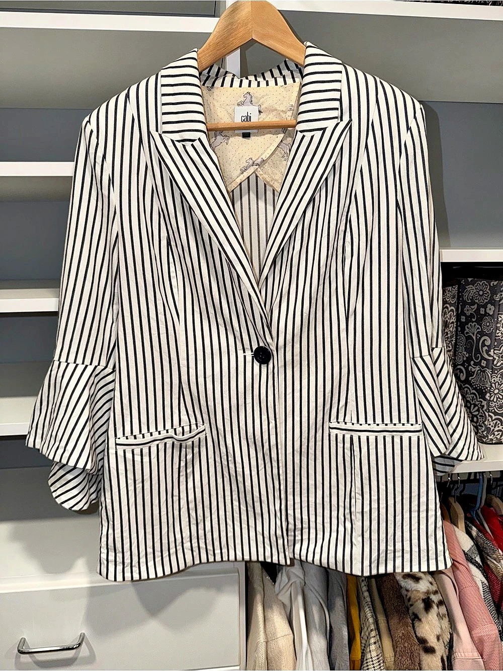 Cabi Ticking Stripe Bell Jacket Striped Blazer White & Blue